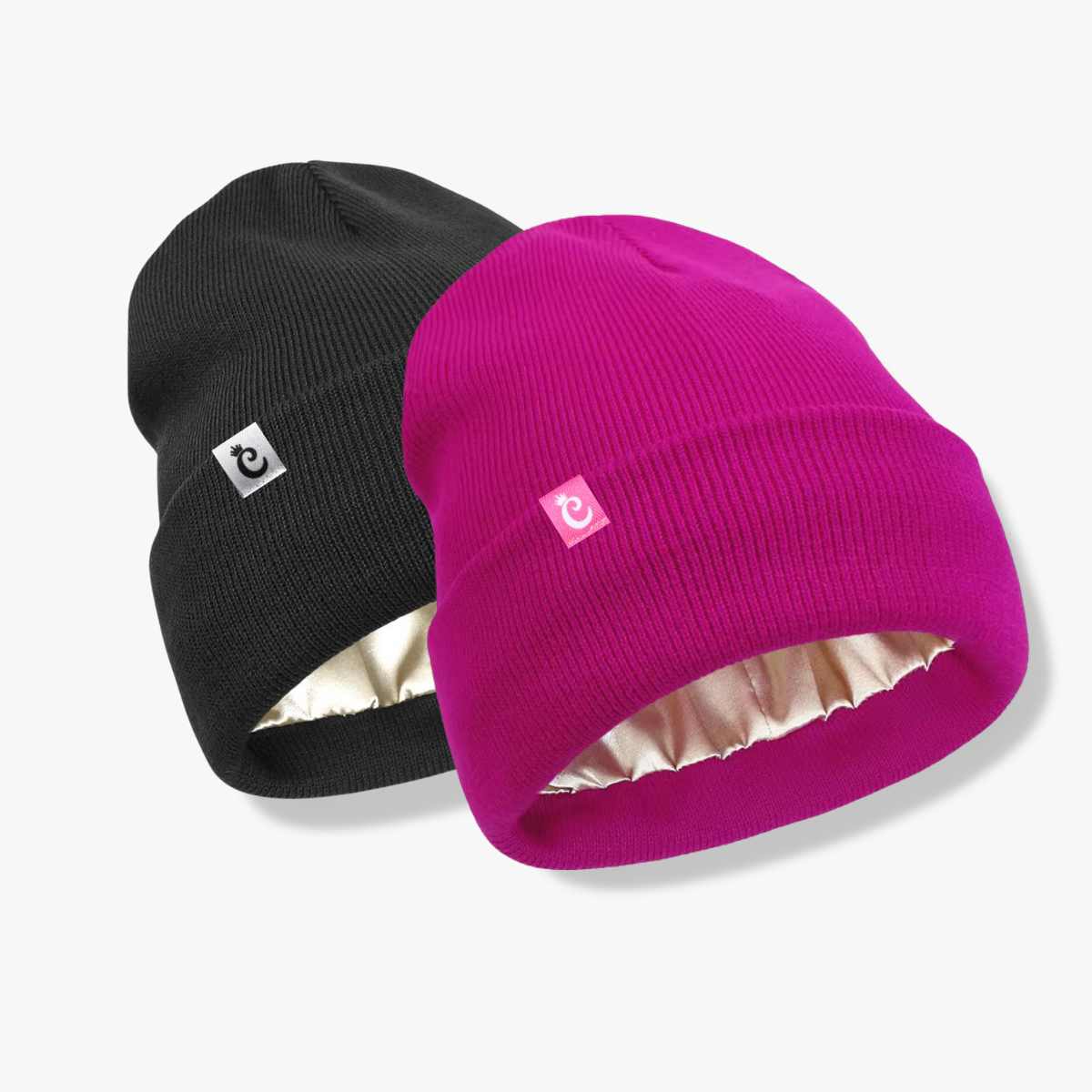 Pack x2 Gorro beanie con forro de satín negro/fucsia - Curlycosas