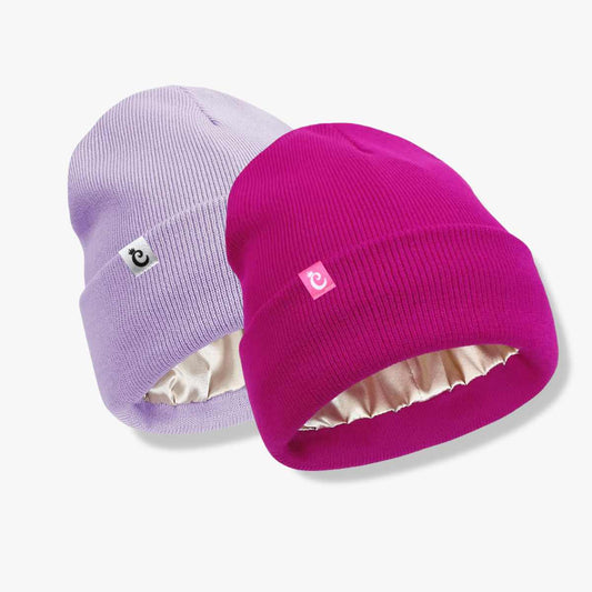 Pack x2 Gorro beanie con forro de satín lila/fucsia - Curlycosas