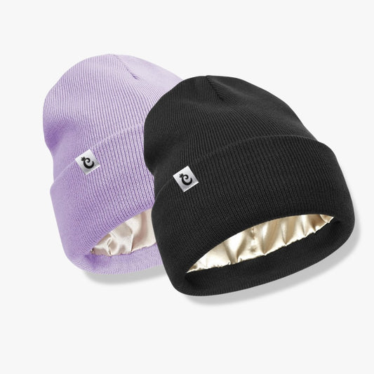 Pack x2 Gorro beanie con forro de satín lila/negro - Curlycosas