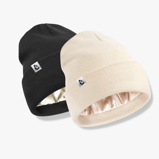 Pack x2 gorro beanie con forro de satín negro/beige - Curlycosas
