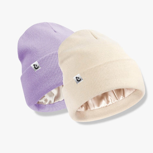 Pack x2 gorro beanie con forro de satín lila/beige - Curlycosas