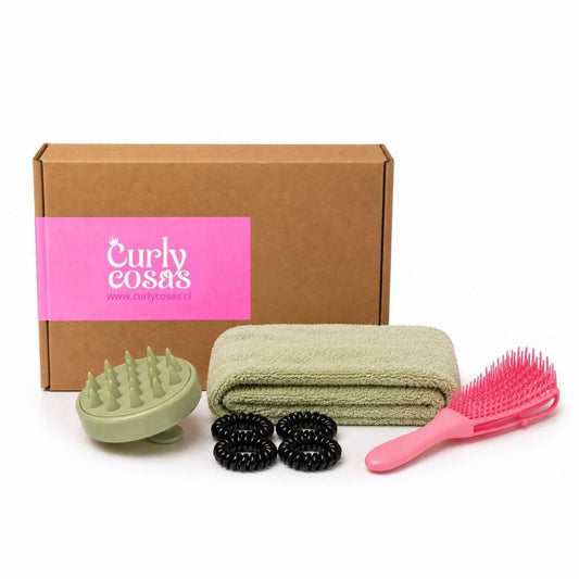Curly Box Lavado Perfecto, kit completo con shampoo brush, turbante microfibra, cepillo desenredante y colet espiral